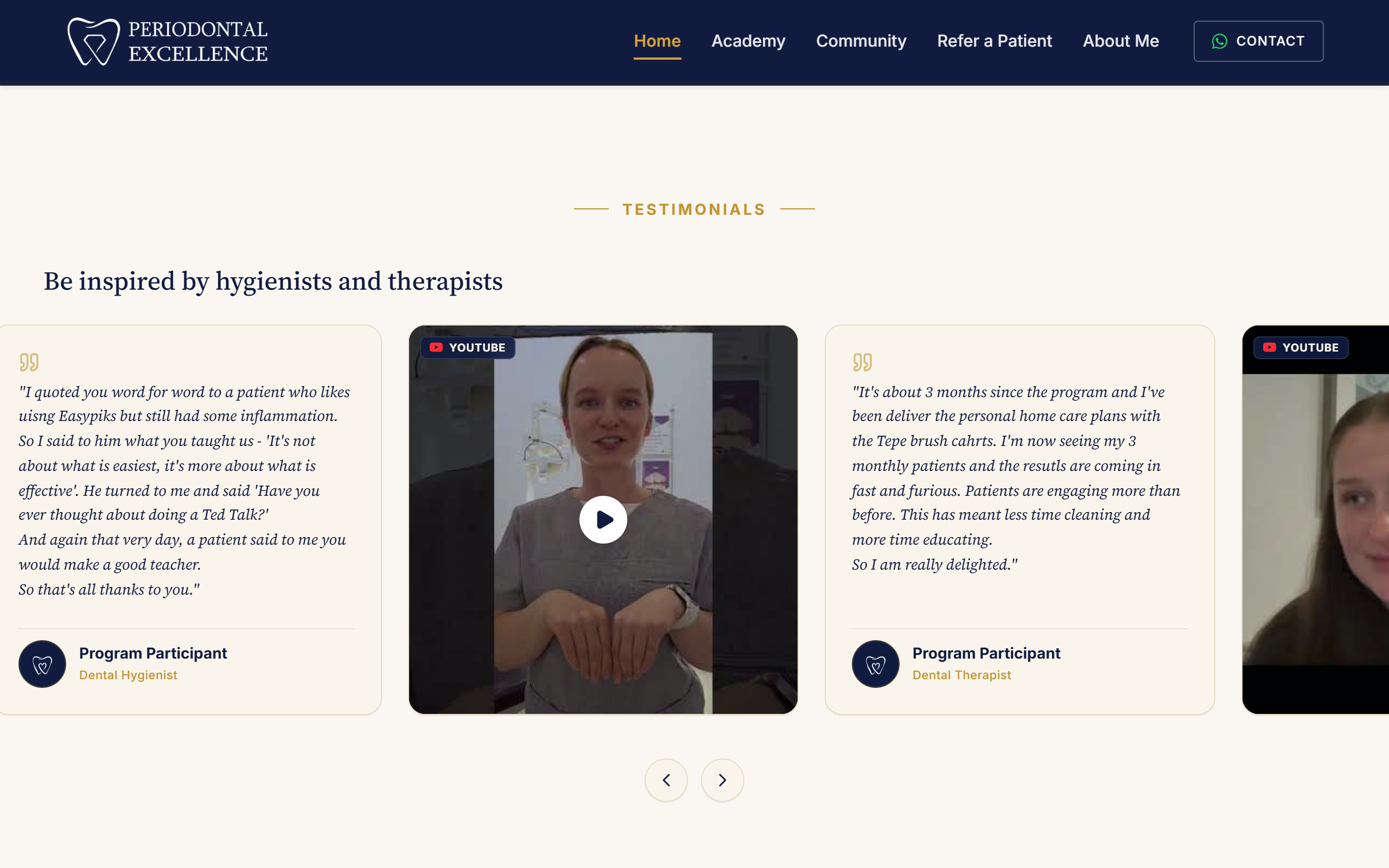 Dr Dip Malde testimonials section featuring written and video feedback from programme participants