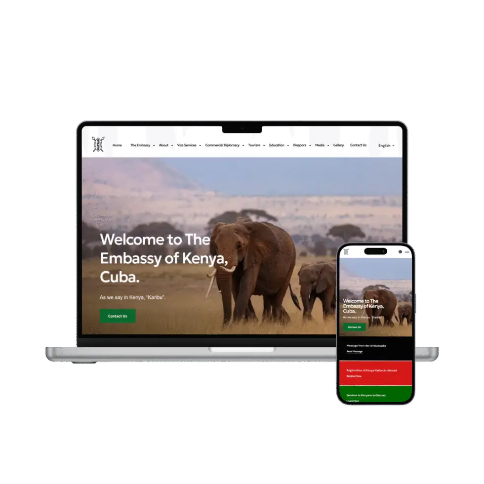 Embassy of Kenya in Havana website shown on laptop and mobile devices