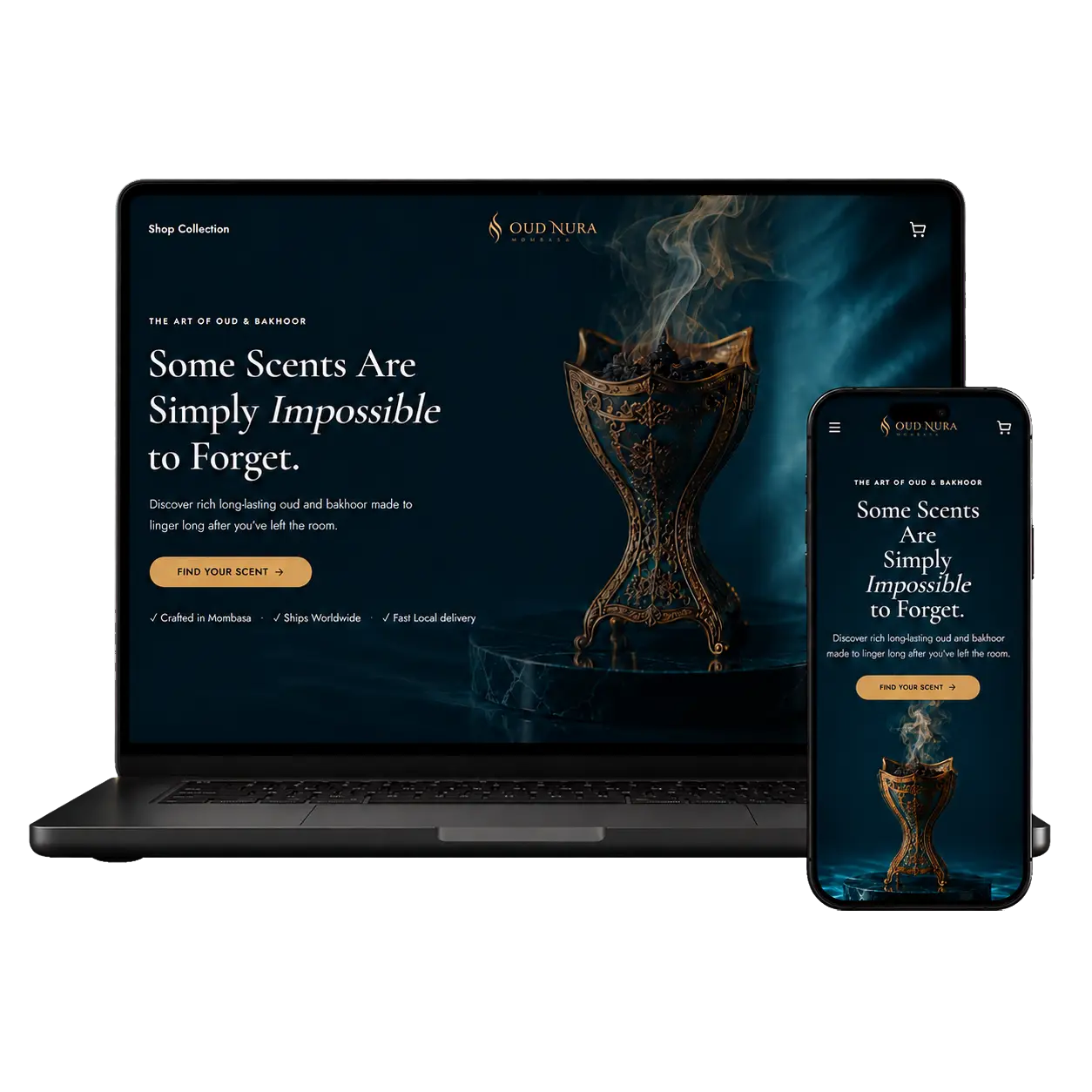 Oud Nura website displayed on a complete laptop and mobile phone